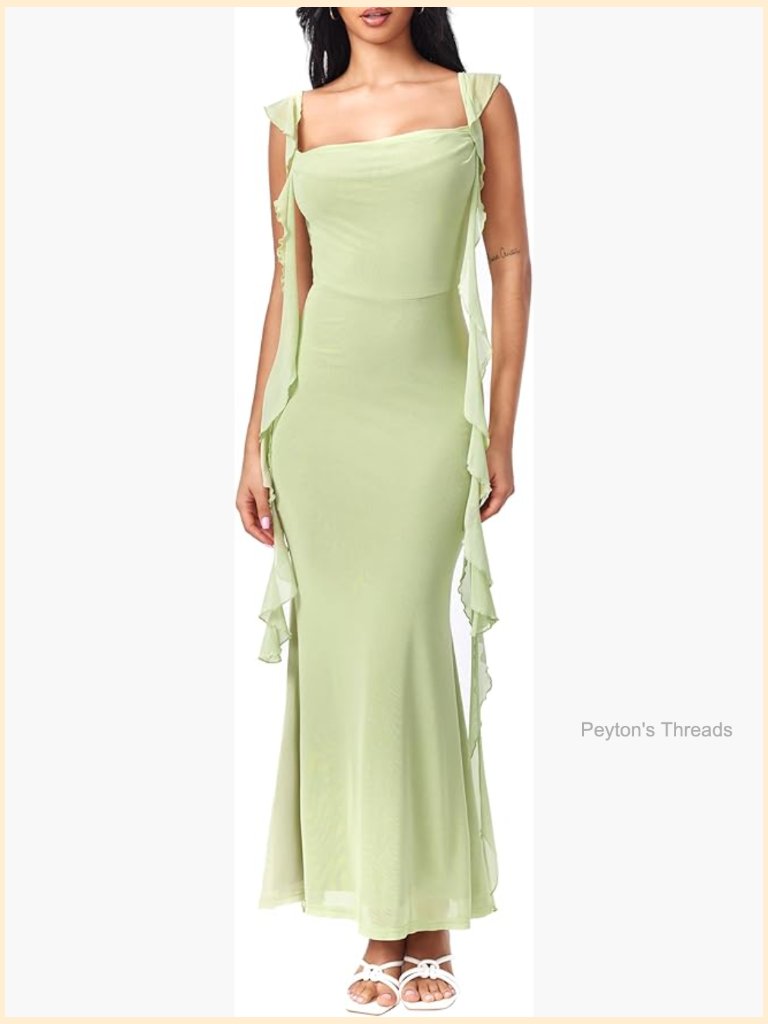 Sleeveless Mesh Maxi Dress With Ruffled Hem Boat Neck A-Line Formal